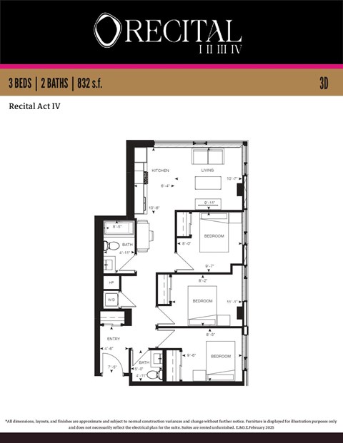 Floor plan for 3 beds, 2 baths, 1039 sqft